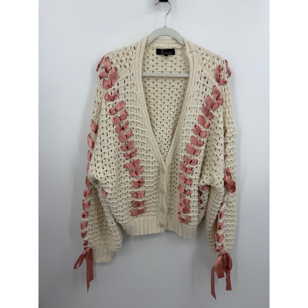 37 Orchard Ribbon Lace Up Cardigan Women L Cream Pink Chunky Open Knit Sweater